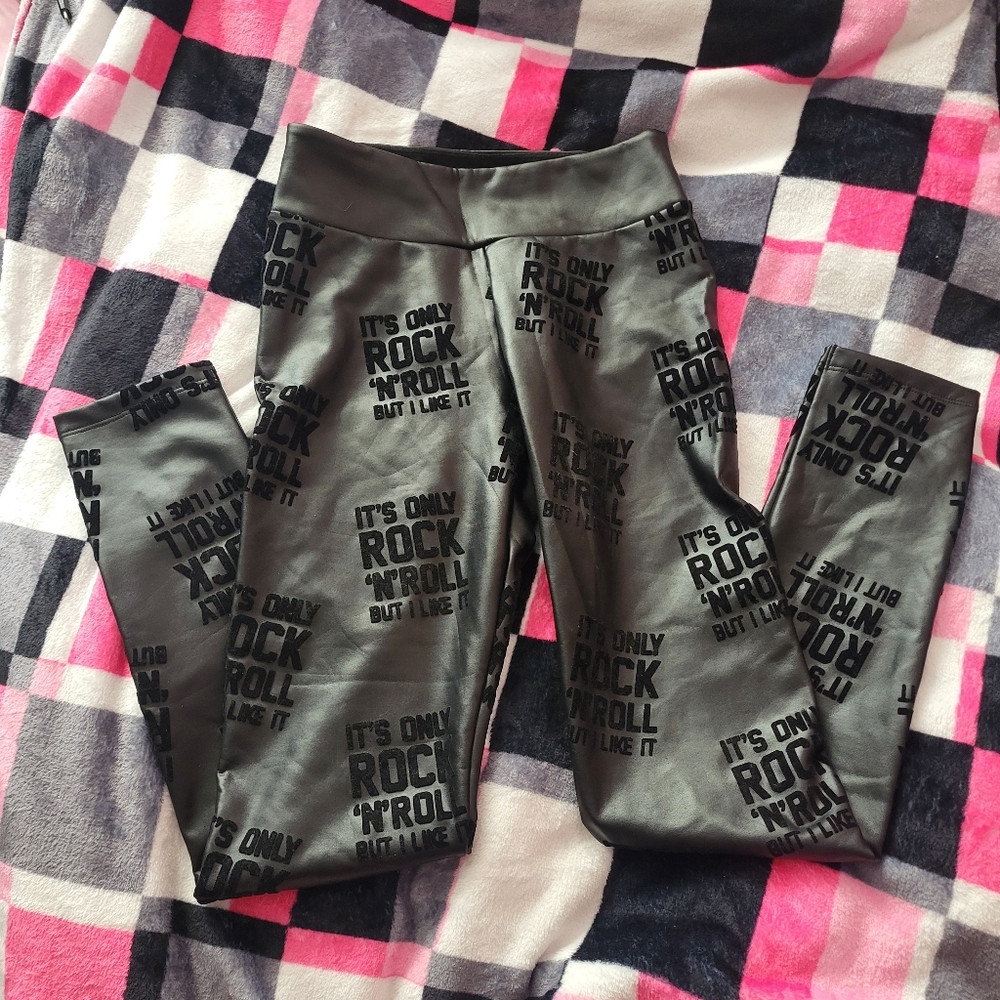 Calzedonia Edgy Rock 'N' Roll Black Graphic Print Leggings Leather And Velvet